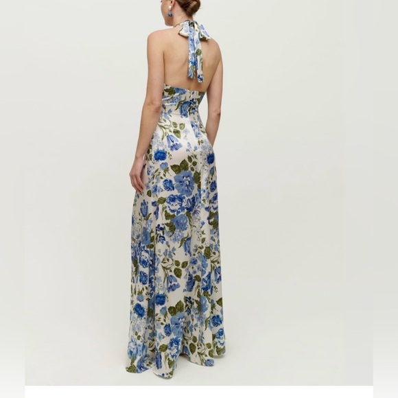 REFORMATION Veria Silk Floral Maxi Halter Tie Gown Size 0 Lucca Blue White Flora - Picture 2 of 6